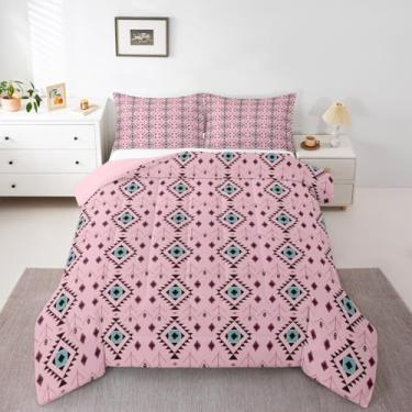 Imagem de jejeloiu Conjunto de cama Boho macio para meninos e meninas, asteca, tamanho casal, geométrico, edredom de microfibra, boêmio, decoração de quarto, 3 peças com 2 fronhas