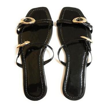 Imagem de Sandália Rasterinha Feminina, Verniz Preto, Tiras Ajustáveis com Fivelas Douradas, Sola Plana, 36.