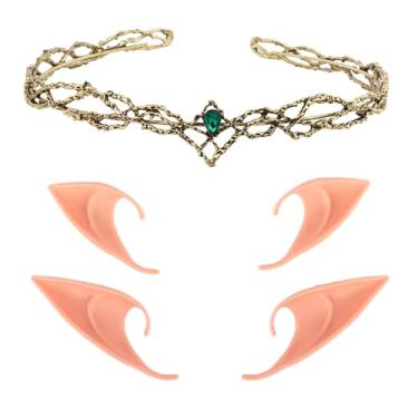 Imagem de WHAVEL Coroa de elfo com orelhas de fada, acessório de cabeça de fada de metal com 2 pares de orelhas de elfo macias cosplay reneascentista Halloween (ouro vintage, cristal verde)
