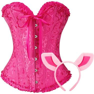 Imagem de Yearntown 2 peças de espartilho e faixa de cabeça de porco rosa de renda push up body para mulheres, fantasia de Halloween, festa cosplay (rosa, rosa)
