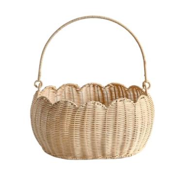 Imagem de Cesta redonda de borda recortada com alça, cestas de armazenamento de vime super resistentes, cesta tecida à mão para prateleiras, cestas naturais para organização (vime branco 32 x 23 x 15,5 cm)