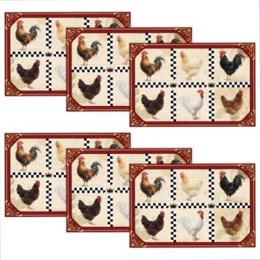 Imagem de WADORN Jogo americano de galinhas, conjunto com 6, 29 x 43 cm, retrô, tema de animais de fazenda, estampado, galo, búfalo, xadrez, lavável, para casa, cozinha, ambientes internos e externos, festas