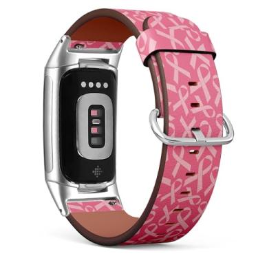 Imagem de MRAKPLGE Pulseira de relógio, padrão de fitas de câncer de mama, compatível com Fitbit Charge 6/Fitbit Charge 5, pulseira de couro vegano de substituição, pulseira para homens e mulheres