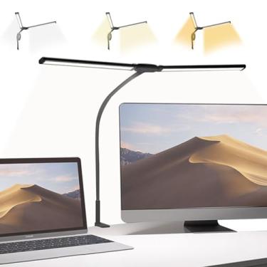 Imagem de Lâmpada LED de Mesa com Braçadeira&Cabeça Dupla, USB 5V 2A,3 Cores,10Nível de Brilho,Monitor de PC Lâmpada Gooseneck Flexível, Proteção para Olhos para Estudo, Escritório, Artesanato, Desenho (Preto)