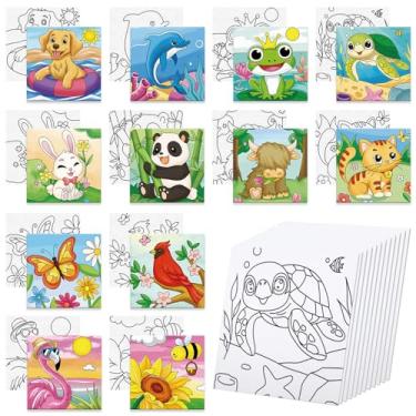 Imagem de Anseal 12 pacotes de telas pré-desenhadas para pintar, 10 x 10 cm, pintura em tela pré-impressa animal para crianças, quadros de pintura de contorno esticado para iniciantes, estudantes, lembrancinhas
