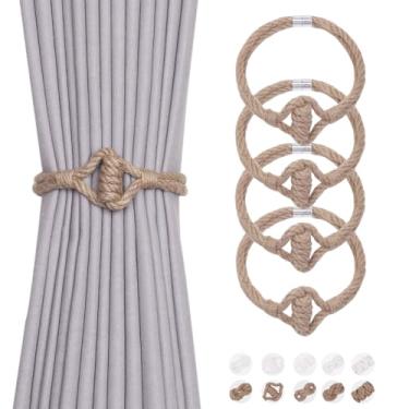 Imagem de NICEEC Pacote com 4 laços de cortina de corda de juta natural, elegante, estilo boêmio, fecho magnético, amarrado, corda macia à mão, retentores para cortinas de casa e escritório (nó de juta-03)