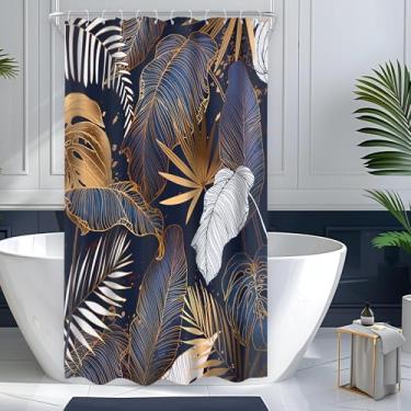 Imagem de Cinbloo Cortina de chuveiro azul marinho 48Lx72H pequena tenda boho moderno abstrato tropical ouro branco folhas de palmeira Monstera Havaí conjunto de cortina de banheiro planta botânica estética
