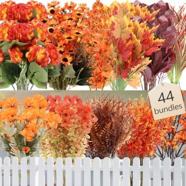 Imagem de Maysing 44 cachos de flores artificiais de outono para decoração ao ar livre, plantas laranjas falsas para outono, plantas falsas, flores para jardim, pátio, varanda, dia de Ação de Graças, girassol
