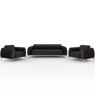 Imagem de Kit Sofá 3 Lugares 210cm Com 2 Poltronas Molino Pés D`ouro D02 Linho Chumbo D-465 - Lyam Decor
