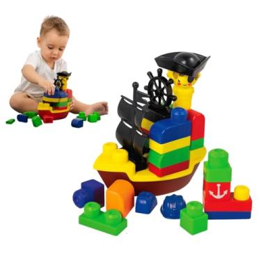 Imagem de Blocos De Montar Brinquedos Educativos Encaixes Formas com 49 Peças Coloridas Navio Pirata Brinquedo 2 anos Didatico
