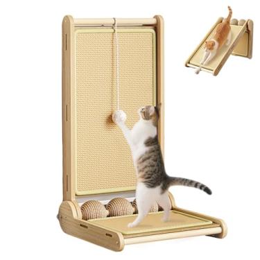 Imagem de Poste arranhador para gatos em forma de L com brinquedos de bola, rampa arranhadora de sisal e base de madeira para gatos internos, almofada de arranhão durável para gatos de 59,9 cm de altura para