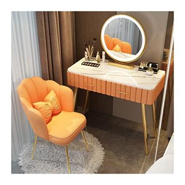 Imagem de Escrivaninha de penteadeira Moderno conjunto de mesa vaidade maquiagem quarto cômoda simples bancada mármore espelho fezes(Orange Chair,100cm)