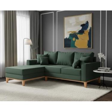 Imagem de Sofá Beny com Chaise Esquerda, 1,40x2,00m, 3 Lugares, Linho, Base em Madeira. (Verde)