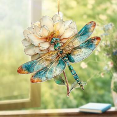 Imagem de Enfeite de libélula estilo vitral – apanhador solar de acrílico com flor, presentes de libélula para mulheres, enfeite de árvore de Natal, decoração peculiar de casa e jardim (Sun-21)