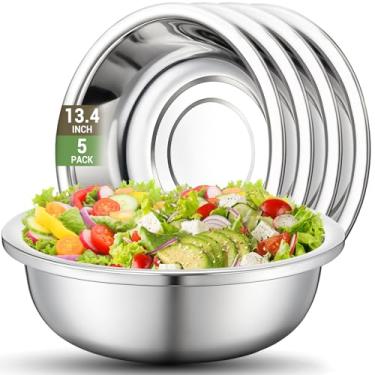 Imagem de Offiper Conjunto de tigelas grandes de aço inoxidável 304 (18/8), pacote com 5, 34 cm, 7,4 litros, grande, prata, metal, preparação de alimentos, tigela de cozimento resistente com base plana para