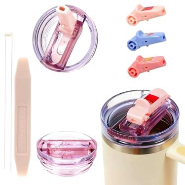 Imagem de Tampa universal de canudo para copo Stanley de 850 g, capa flip à prova de vazamento com 3 pontas de canudo de silicone infundidas com aroma (morango, limão, menta) para facilitar o consumo e a