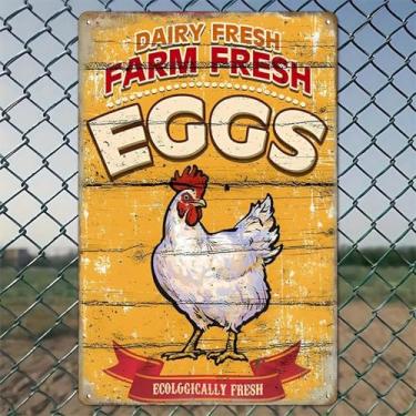 Imagem de Placa de ovos frescos de fazenda com galinha arte de parede de alumínio rústico e placa de metal - 20 x 30 cm decoração vintage para ambientes internos e externos para casa, escritório, café, quintal