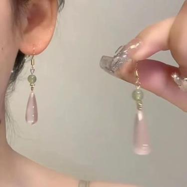 Imagem de Brincos femininos elegantes com pingente de lágrima rosa, estilo chinês, doces, minimalistas, joias vintage feitas à mão para uso diário