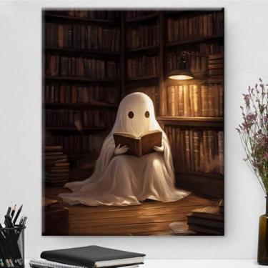 Imagem de Decoração de arte de parede de leitura de fantasma extravagante biblioteca vintage imagem fantasma pôster impressão em tela pintura emoldurada Dark Academia Decorações de parede para sala de leitura