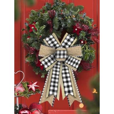 Imagem de 2 peças de laços de guirlanda de Natal, arcos de Natal, branco, marrom, búfalo, xadrez, estopa para grinaldas, laços de fita de Natal, arcos de topo de árvore, para decoração de ano novo, decoração
