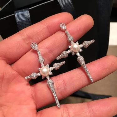 Imagem de Brincos de gota de cruz graciosos de luxo com imitação de pérola brilhante joia de festa para mulheres, 4.8cm, Latão, Pérola sintética