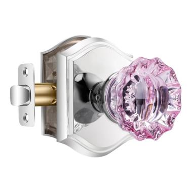 Imagem de CLCTK Puxadores de porta de vidro rosa interior, maçanetas vintage de passagem de cristal cromado polido para armário de corredor