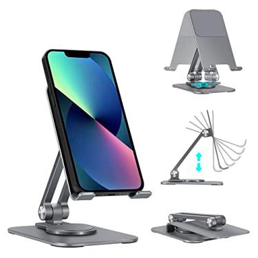 Imagem de Suporte ajustável para celular, base giratória de 360° portátil de alumínio, suporte dobrável resistente compatível com iPhone Samsung Galaxy, todos os smartphones, cinza