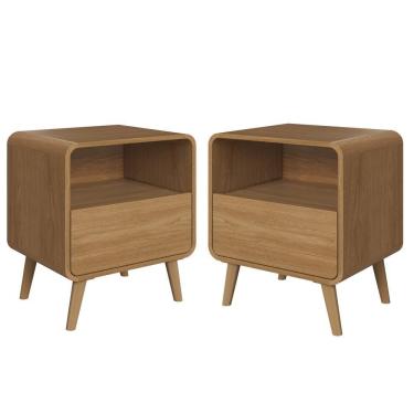 Imagem de Kit Conjunto 02 Mesas De Cabeceira Canto Curvo Com Nicho 01 Gaveta E Pés Palito Retrô Carvalho Xingu