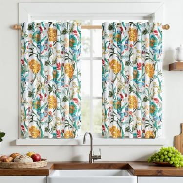 Imagem de Topfinel Cortinas de meia janela verde sálvia pequenas cortinas para cozinha 91 cm padrão de flor borboleta rústica casa de fazenda sobre a pia cortinas de camada de filtragem de luz vintage para