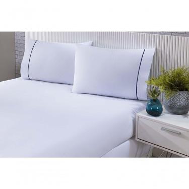 Imagem de Jogo De Cama 100% Algodão Percal 150 Fios Solteiro Gran Moratta 2 Peças - Branco E Detalhe Azul