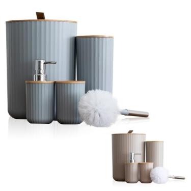 Imagem de Kit para Banheiro Premium Minimalista – Lixeira, Dispenser, Porta-Escova, Copo, Escova Sanitária e Saboneteira | Design Clean, Textura Canelada, Bambu e Inox(4 Peças Cinza)