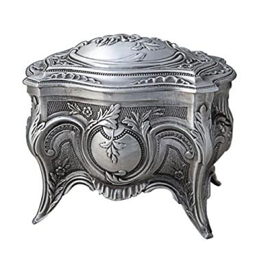 Imagem de JOEUQK Caixa de joias pequena, caixa de armazenamento de bugigangas de metal, estojo clássico de armazenamento de joias de princesa de pés altos, caixas de presente para anéis, colares, brincos