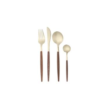 Imagem de Conjunto de Talheres Premium, 24 Peças, Aço Inox com Cabo Tipo Madeira, Design Moderno, Inclui Garfos, Facas, Colheres de Mesa e Sobremesa