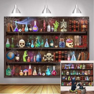 Imagem de Pano de fundo de laboratório de cientista maluco de 1,8 m x 1,8 m para o Dia das Bruxas Spooktakular Magic School Background Creepy Skull Veneno Boticário Witch Kitchen Baby Shower Decorações Banner