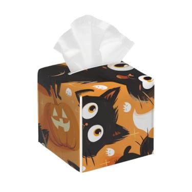 Imagem de Porta-lenços de couro quadrado à prova d'água Halloween fofo gato fantasma organizador de papel facial com cinto inferior cubo estojo de lenços para mesa, banheiro, escritório, mesa, carro, decorativo