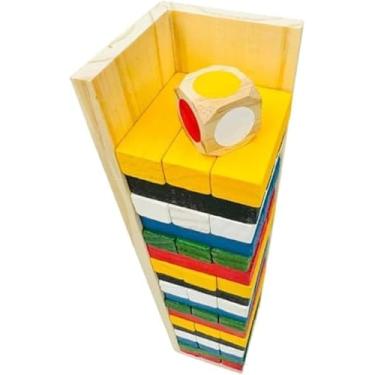 Imagem de Jogo Caiu Perdeu 54 Pçs Madeira de Reflorestamento Colorida Torre Maluca com Dado, Suporte Jogo de Equilibrio em Madeira com Base e Dado - Brinquedo Educativo Original (Colorido)
