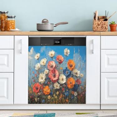 Imagem de ATTX Flores silvestres pintura a óleo capa ímã máquina de lavar louça, 58.4 cm C x 66.0 cm A decoração frontal da capa da máquina de lavar louça, decalques de armário doméstico eletrodomésticos