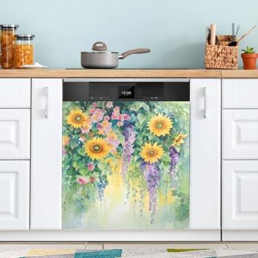 Imagem de ATTX Capa magnética para lava-louças pintura girassóis aquarela, 58,4 cm C x 66 cm A decoração da capa da máquina de lavar louça, decalques de armário doméstico eletrodomésticos adesivos #116