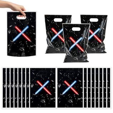 Imagem de FestiVex 50 peças de decoração de estrela de cinema galáxia preta, sacos de festa, espada a laser, lembrancinhas de festa, saco de presente de plástico com tema de estrela de ficção científica, para