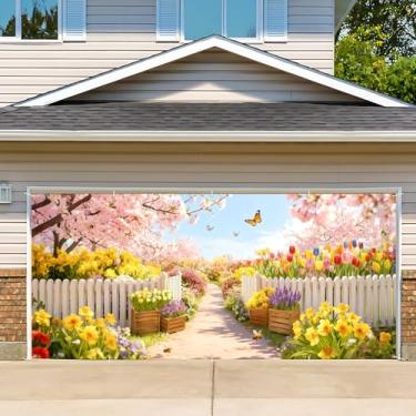 Imagem de Capa de porta de garagem de aniversário, cenário fotográfico de faixa de feliz aniversário, fundo de festa para decoração de parede interna e externa (flor de primavera, 2,1 x 4,9 m)