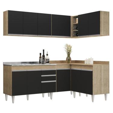 Imagem de Armário De Cozinha Modulado De Canto 6 Peças Cp30 Com Pia Inox Castanho/preto - Lumil
