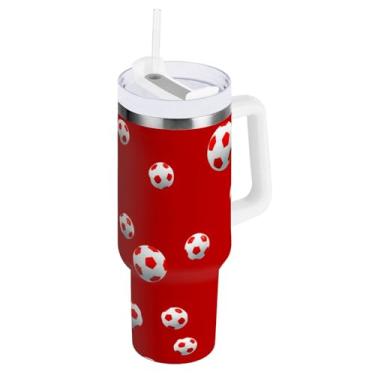 Imagem de Kigai Copo de 1,134 g com alça, copos isolados de futebol vermelho com tampa e canudo, garrafa de água esportiva de metal grande, caneca de café de viagem de aço inoxidável