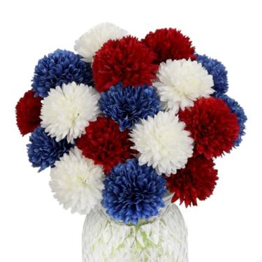 Imagem de Jim's Cabin Flores artificiais 21 peças de seda falsa bola de crisântemo artificial hortênsia buquê de casamento para cozinha decoração de casa … (azul, branco, vermelho)