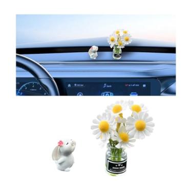 Imagem de Sandfren Conjunto de 2 mini enfeites de espelho retrovisor de carro de margarida de coelho, decorações de painel de veículo de vaso de flores engraçadas, acessórios de painel de carro de coelho Kawaii