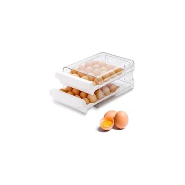 Imagem de Porta Ovos 32 Unidades, Branco, Plástico, 2 Gavetas Empilháveis, 22.5x21x14cm, Organizador para Geladeira