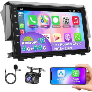Imagem de Rádio estéreo 8 núcleos de 4 GB + 64 GB para Honda Civic 2016-2021 Carplay integrado Android Auto, unidade de cabeça estéreo de carro Android 14 de 9 polegadas com WiFi, navegação GPS, controle de