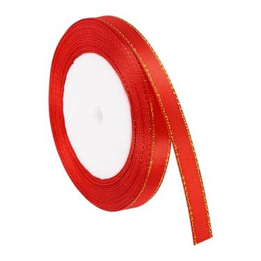 Imagem de PATIKIL Fita de cetim com borda dourada, dupla face de poliéster para embrulho de presente, buquês de flores, laços de cabelo, projetos de costura, vermelho brilhante