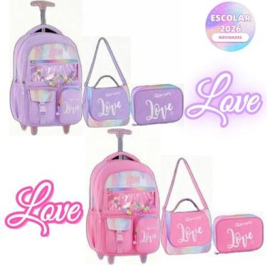 Imagem de Kit Mochila Carrinho Holográfica Love Escolar Juvenil Feminino Passeio