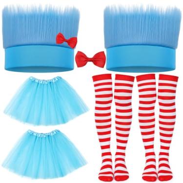 Imagem de Yearntown Conjunto de 8 peças de fantasia azul de Halloween, acessórios de roupa com peruca azul peluda, laço vermelho, saia tutu listrada, meias femininas (estilo 4)