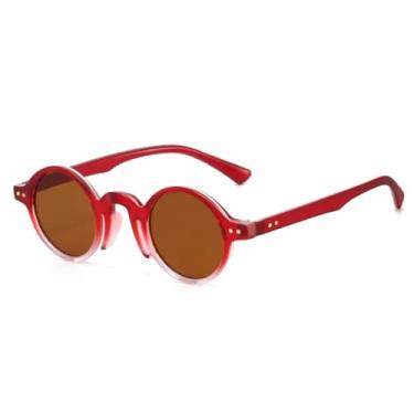 Imagem de HPIRME Óculos de sol retrô fashion, armação pequena, redondo, feminino, luxuoso, rebite, masculino, UV400 (chá vermelho)